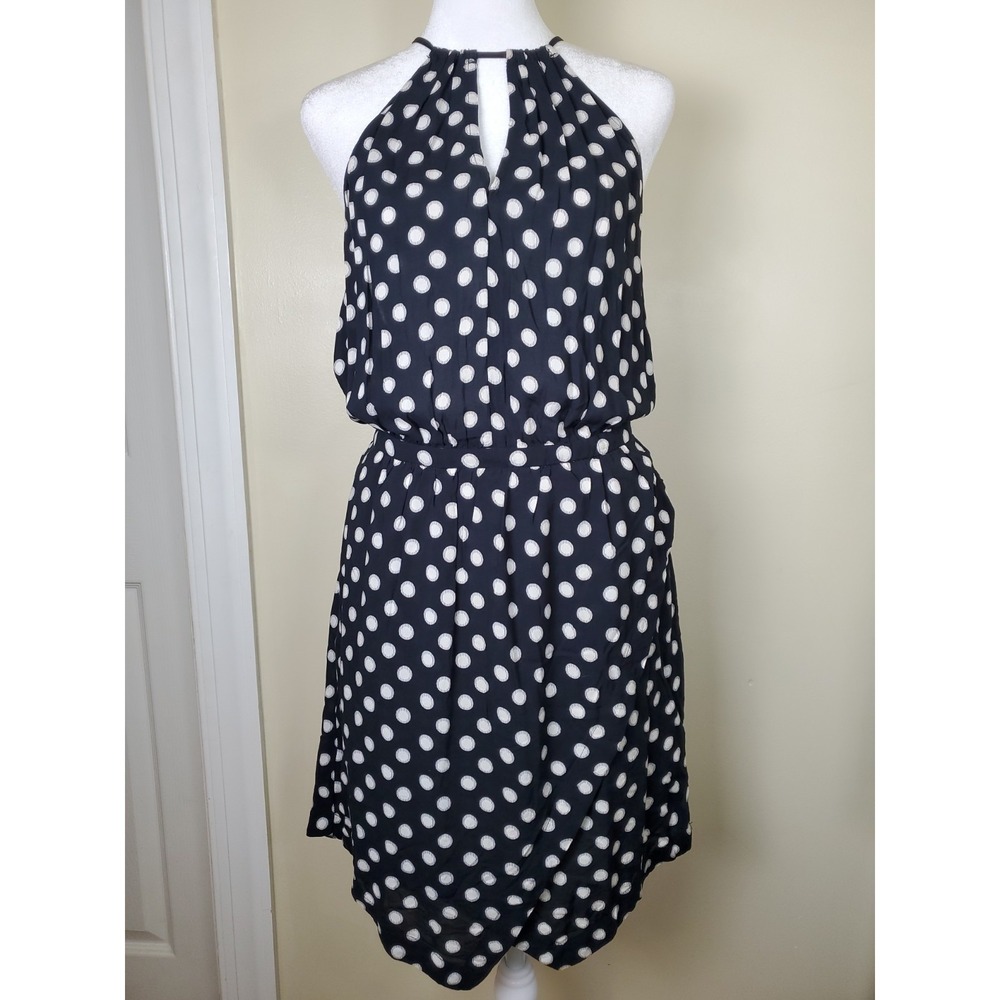 Anthropologie Maeve Polka Dot Halter Dress Black White Short Mod Sundress